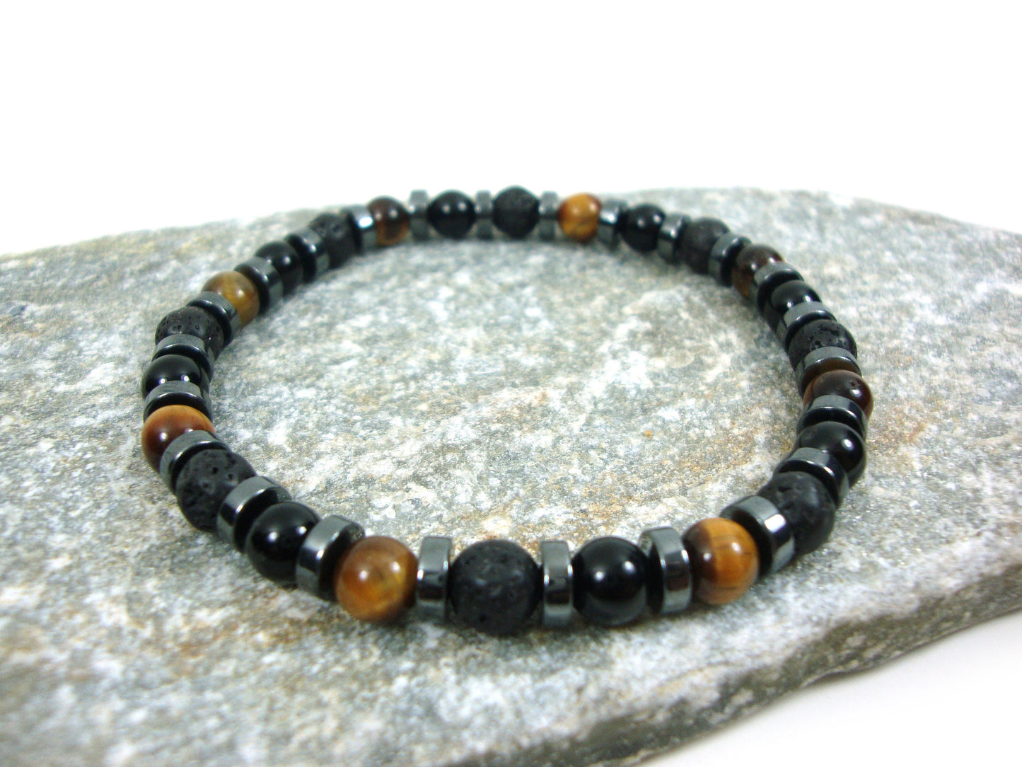 Natural Tiger Eye - Volcanic Santorini Lava - Black Onyx Stones 6mm, Lava Bracelet, Tiger Eye Bracelet, Onyx Bracelet, Santorini Greek Lava