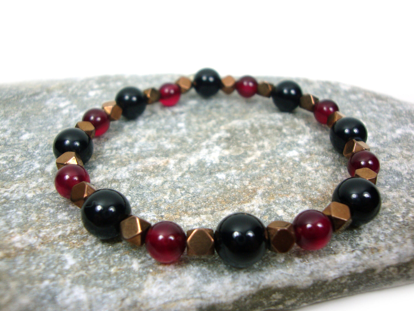 Natural Red Agate 6mm - Black Onyx 8mm - Hematite Bronze Color Stones Bracelet, Red Agate Bracelet, Black Onyx Bracelet, Red Agate Bracelet