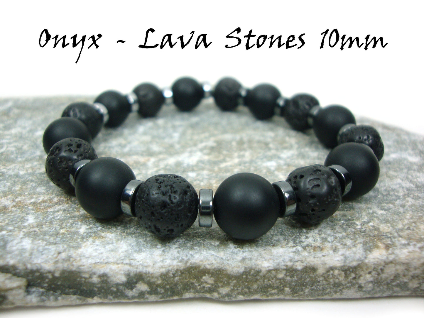 Natural Volacanic Santorini Greek Black Lava Stones, Black Matt Onyx Stones 10mm, Hematite Silver Color Stones Bracelet, Lava Bracelet