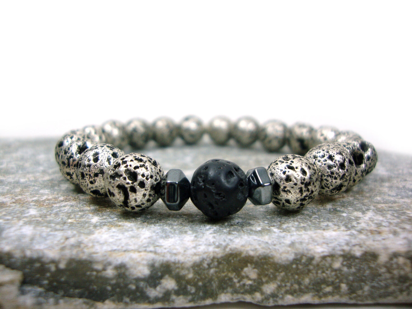 Natural Volcanic Greek Santorini Island Lava Stones 8mm Bracelet, Black - Silver Color Lava Stones, Lava Bracelet, Mens Womens Lava Bracelet