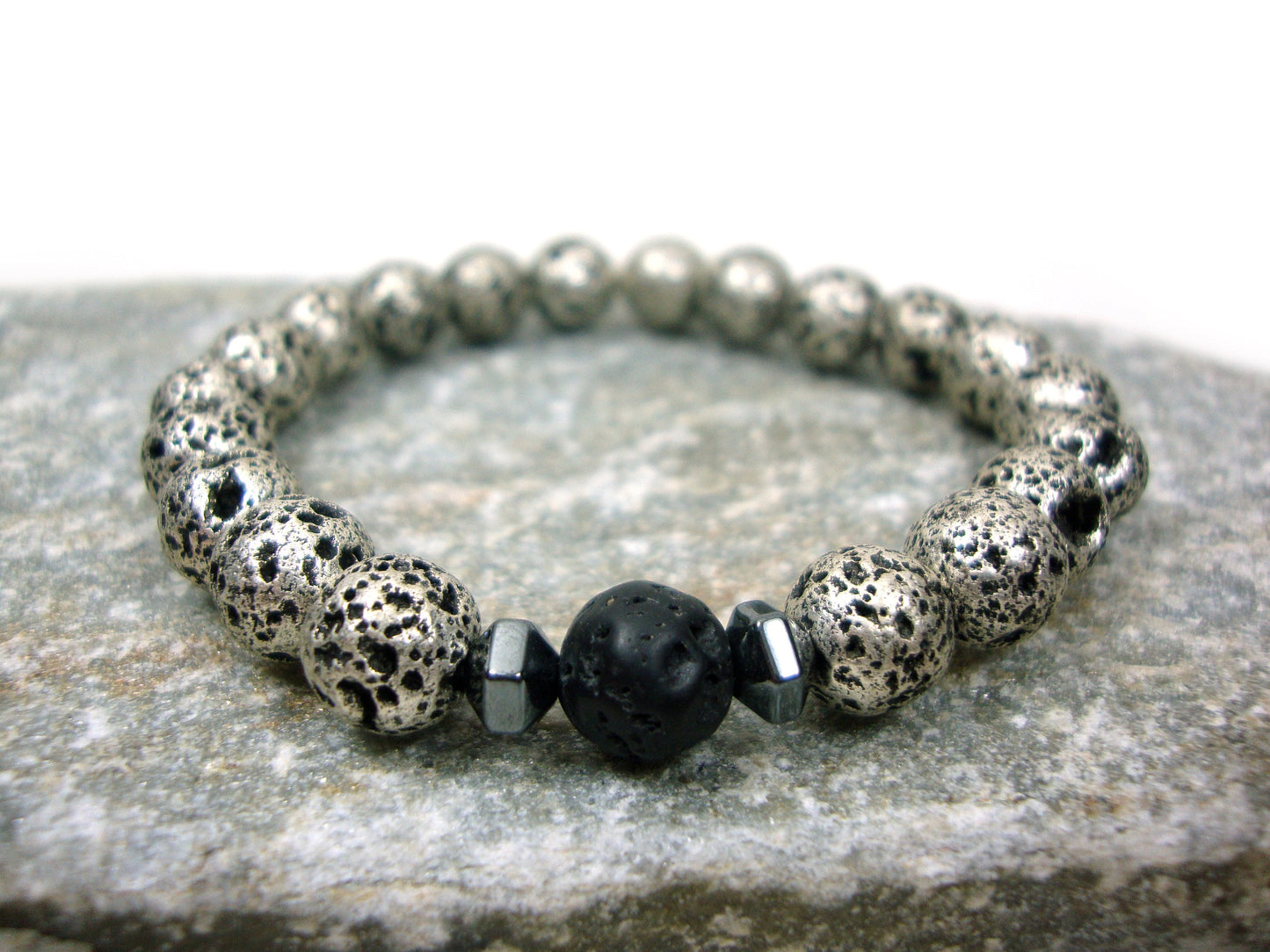 Natural Volcanic Greek Santorini Island Lava Stones 8mm Bracelet, Black - Silver Color Lava Stones, Lava Bracelet, Mens Womens Lava Bracelet