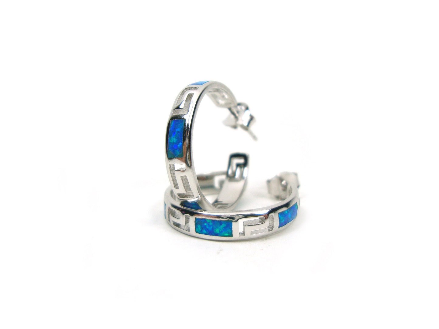 Sterling Silver 925 Greek Key Hoop Earrings 21mm, Fire Rainbow Blue Opal Hoops Earrings, Meander Design Opal Earrings, Greek Opal jewelry