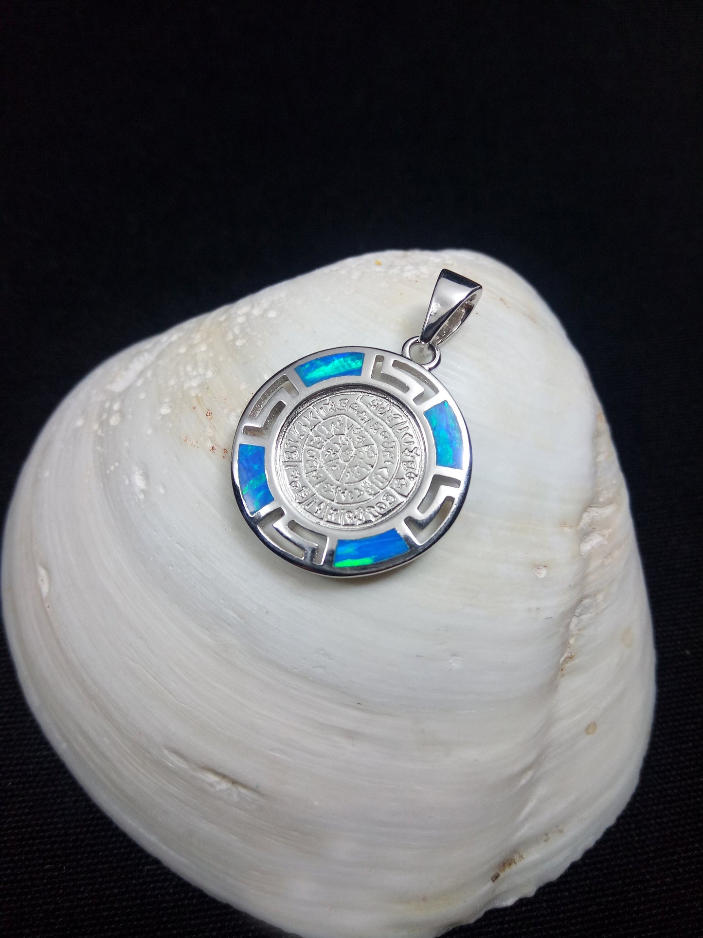 Sterling Silver 925 Phaistos Disc Blue Opal Greek Pendant, Silver Greek Opal Pendant, Greek Jewelry, Griechisches Opal Anhanger, Minoan Grec