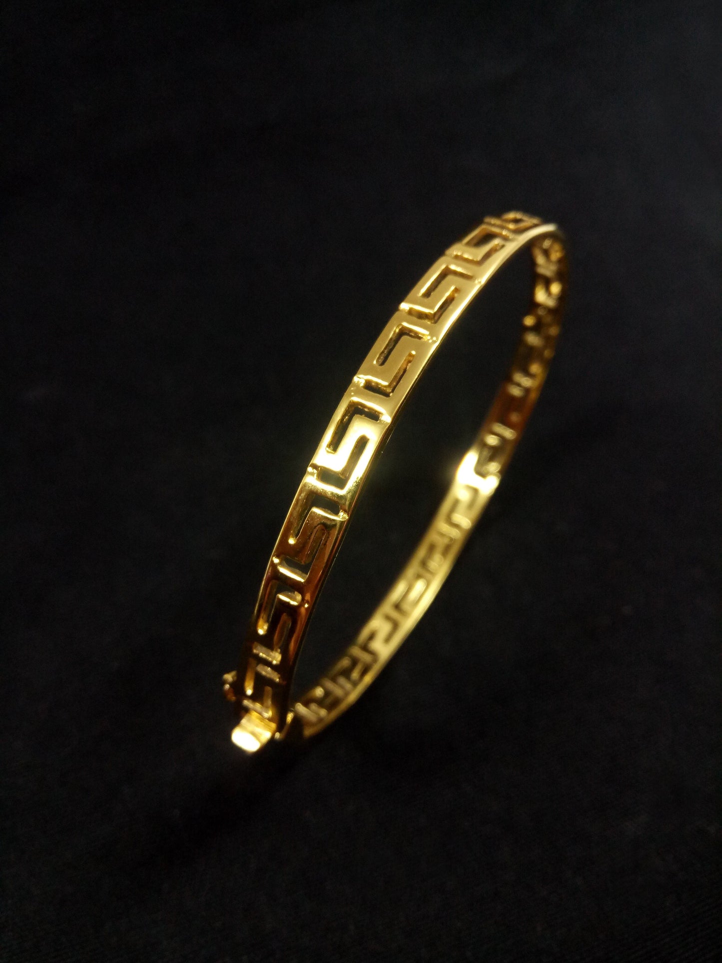 Sterling Silver 925 Greek Key Meander Gold Plated Cuff Bangle Bracelet, close-up of intricate design and gold plating on silver bracelet