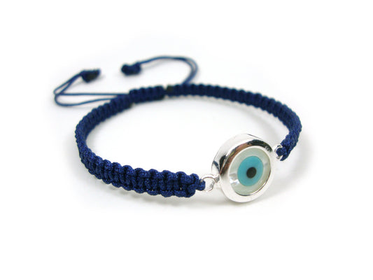 Sterling Silver 925 Greek Evil Eye Mati Good Luck 10mm Handmade Adjustable Macrame Blue Bracelet, Griechische Silber Armband, Bijoux Grecque