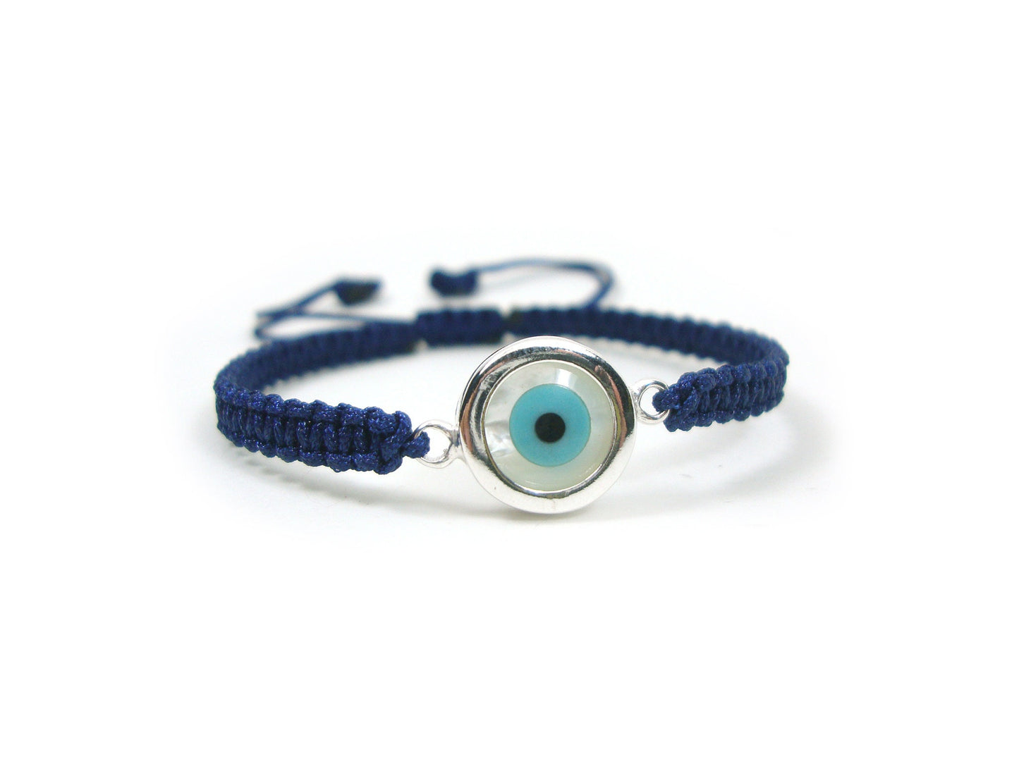 Sterling Silver 925 Greek Evil Eye Mati Good Luck 10mm Handmade Adjustable Macrame Blue Bracelet, Griechische Silber Armband, Bijoux Grecque