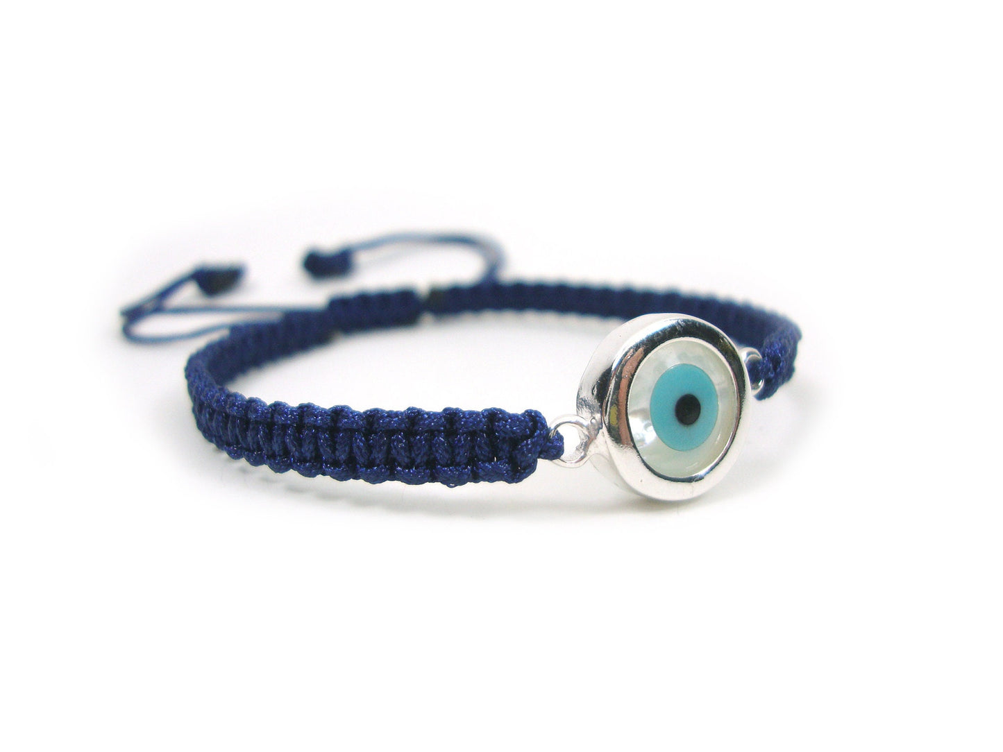 Sterling Silver 925 Greek Evil Eye Mati Good Luck 10mm Handmade Adjustable Macrame Blue Bracelet, Griechische Silber Armband, Bijoux Grecque