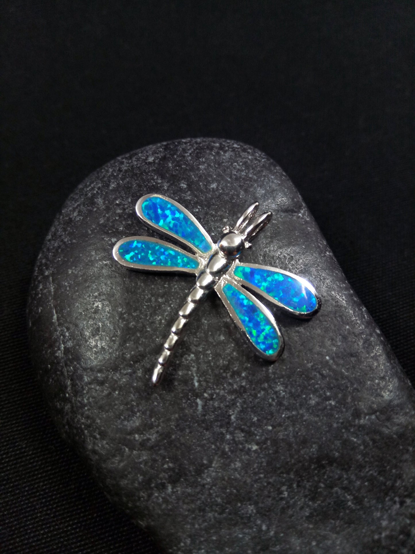 Sterling Silver 925 Dragonfly Fire Rainbow Blue Opal 27x22mm, Greek Dragonfly Blue Opal Pendant, Griechisches Silber Libelle Anhanger Kette