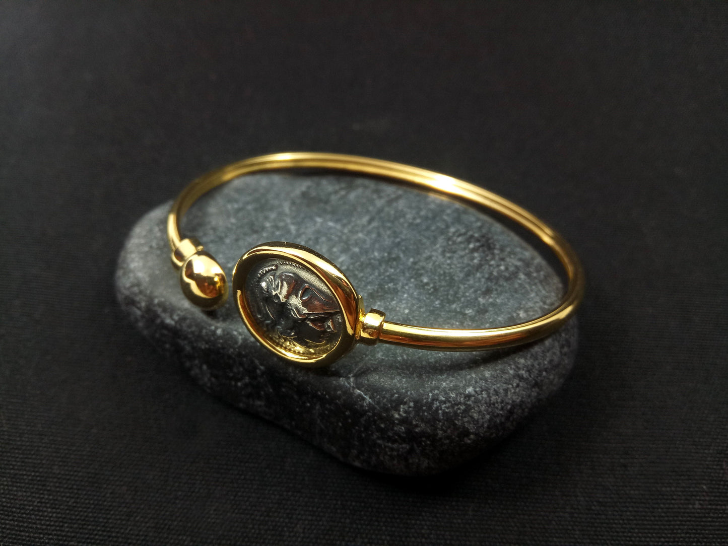 Sterling Silver 925 Goddess Athena Gold Plated 22K Bitone Bangle Greek Coin Bracelet, Greek Silver Bracelet, Alexander The Great Bracelet