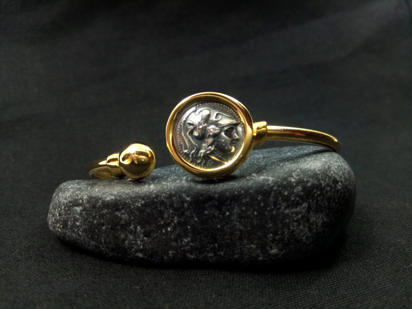 Sterling Silver 925 Goddess Athena Gold Plated 22K Bitone Bangle Greek Coin Bracelet, Greek Silver Bracelet, Alexander The Great Bracelet