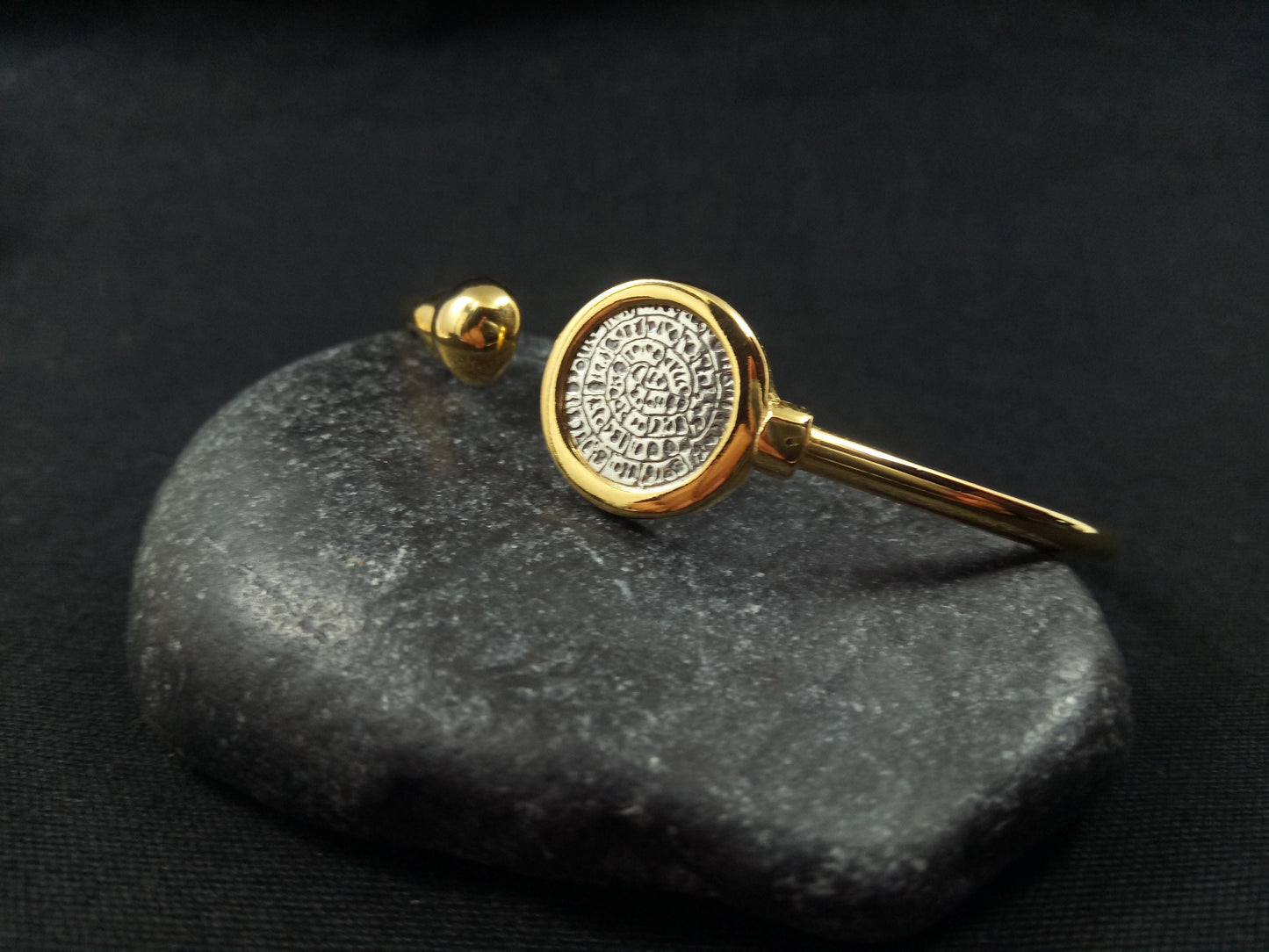 Sterling Silver 925 Minoan Phaistos Disc Gold Plated Bitone Silver Bangle Greek Bracelet, Greek Silver Jewelry, Bracelet Bijoux Grecque
