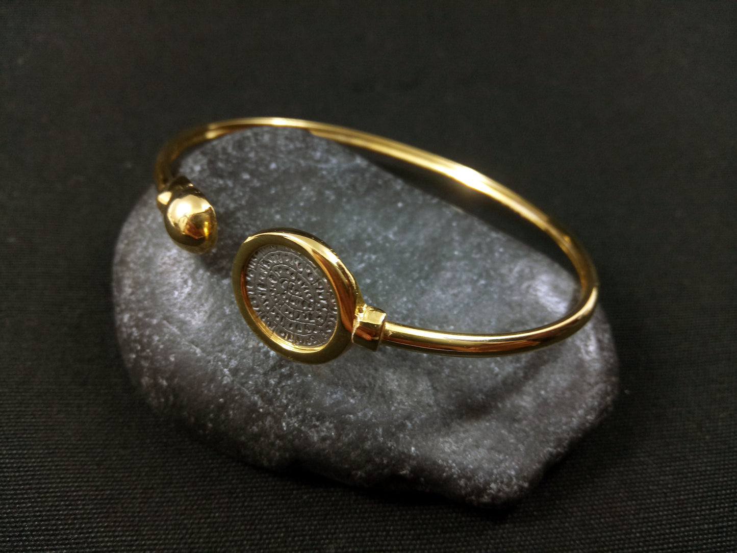 Sterling Silver 925 Minoan Phaistos Disc Gold Plated Bitone Silver Bangle Greek Bracelet, Greek Silver Jewelry, Bracelet Bijoux Grecque