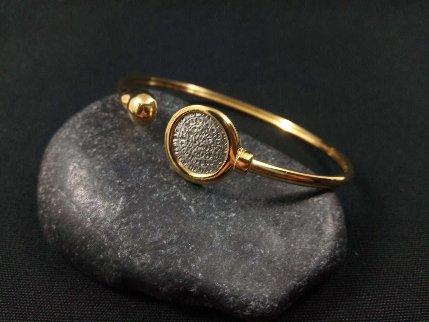 Sterling Silver 925 Minoan Phaistos Disc Gold Plated Bitone Silver Bangle Greek Bracelet, Greek Silver Jewelry, Bracelet Bijoux Grecque