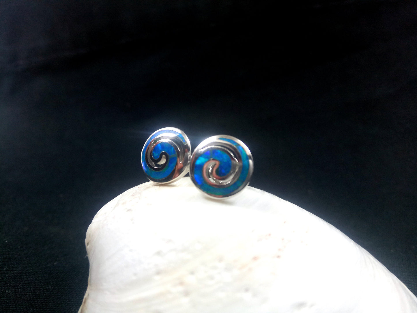 Sterling Silver 925 Greek Spiral Fire Blue Opal Stud Earrings 10mm, Greek Opal Spiral Earrings, Greek Jewelry, Griechischer Opal Ohrringe