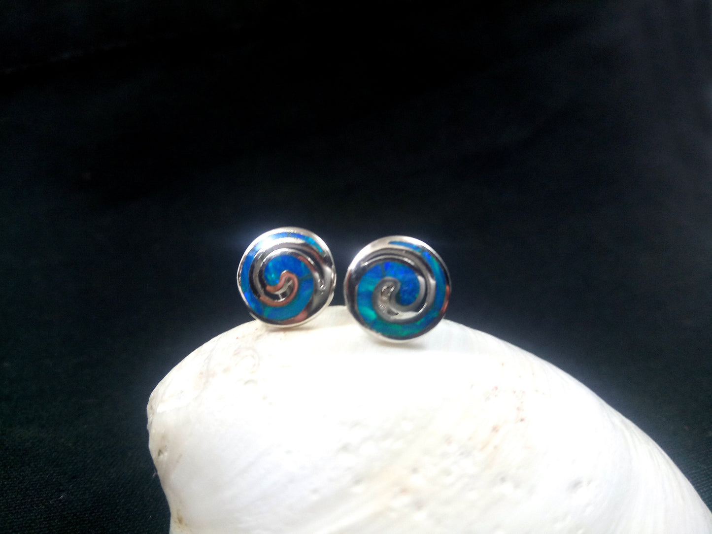 Sterling Silver 925 Greek Spiral Fire Blue Opal Stud Earrings 10mm, Greek Opal Spiral Earrings, Greek Jewelry, Griechischer Opal Ohrringe