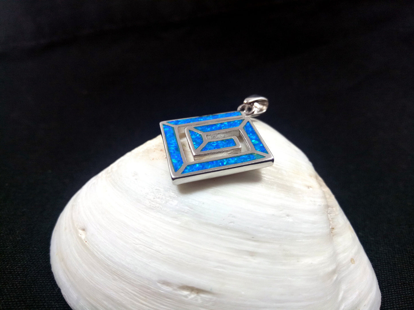 Greek Key Blue Opal Square Silver Pendant 20x20mm