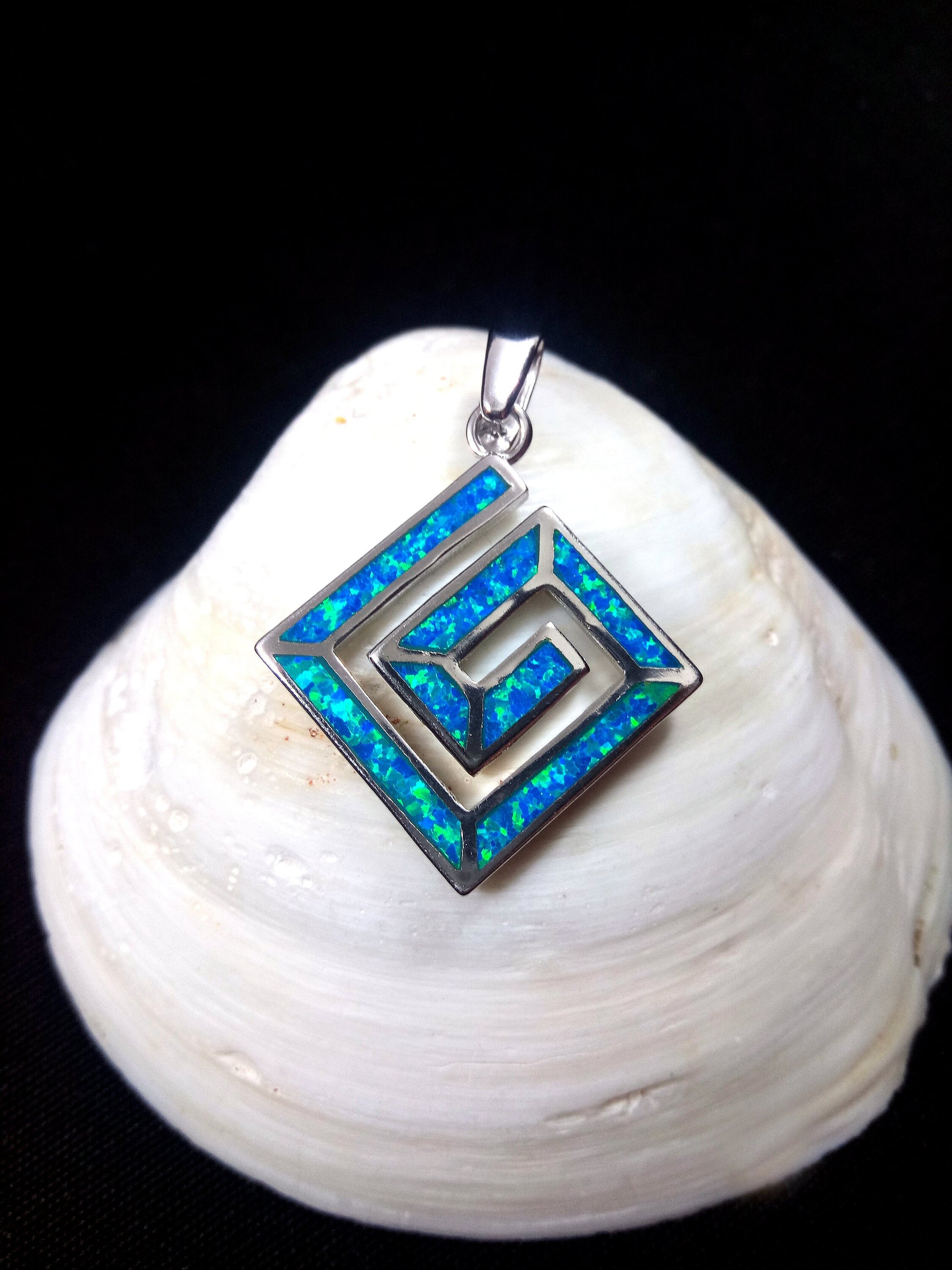 Sterling Silver 925 Fire Blue Opal Pendant with Ancient Greek Spiral Infinity Meander Key design, handmade in Greece. Pendant size: 20 x 20 mm. Hallmark 925. Free Shipping.