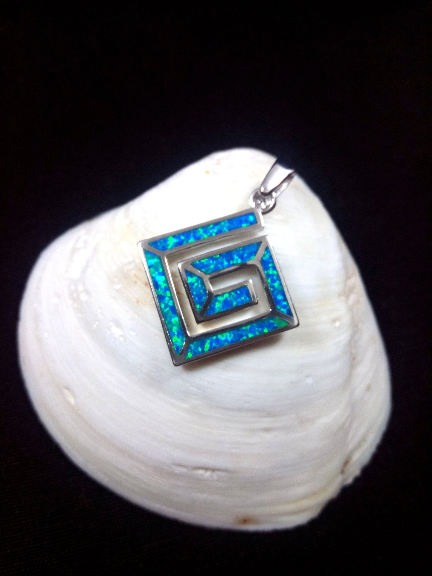 Greek Key Blue Opal Square Silver Pendant 20x20mm