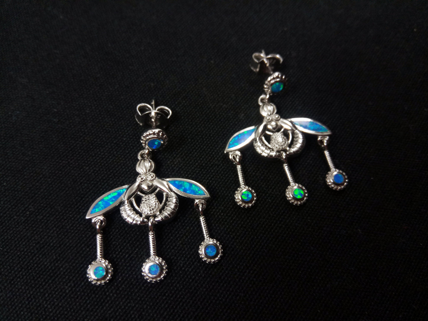 Sterling Silver 925 Ancient Greek Malia Minoan Bees Fire Rainbow Blue Opal Dangle Earrings 22x30mm, Greek Opal Earrings, Bijoux Grecque