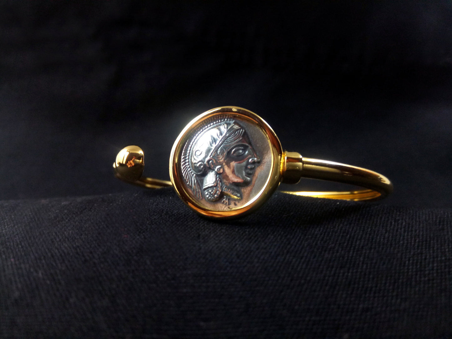 Sterling Silver 925 Goddess Athena Gold Plated Bitone Bangle Greek Coin 21mm Bracelet, Greek Silver Bracelet, Alexander The Great Bracelet