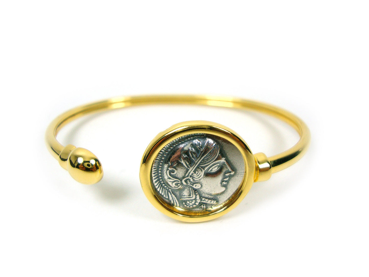 Sterling Silver 925 Ancient Greek Goddess Athena Greek Tetradrachm Coin Gold Plated Bangle Bracelet, Griechisches Armreif, Greek Bracelet