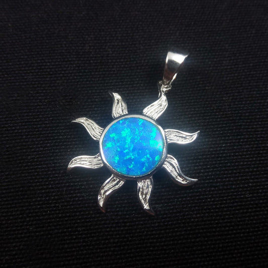 Sterling Silver 925 Greek Sun 20mm Opal Pendant, Sun Soleil Sonne Opal Silver Pendant, Griechisches Blau Opal Anhanger, Grecque Pendetif