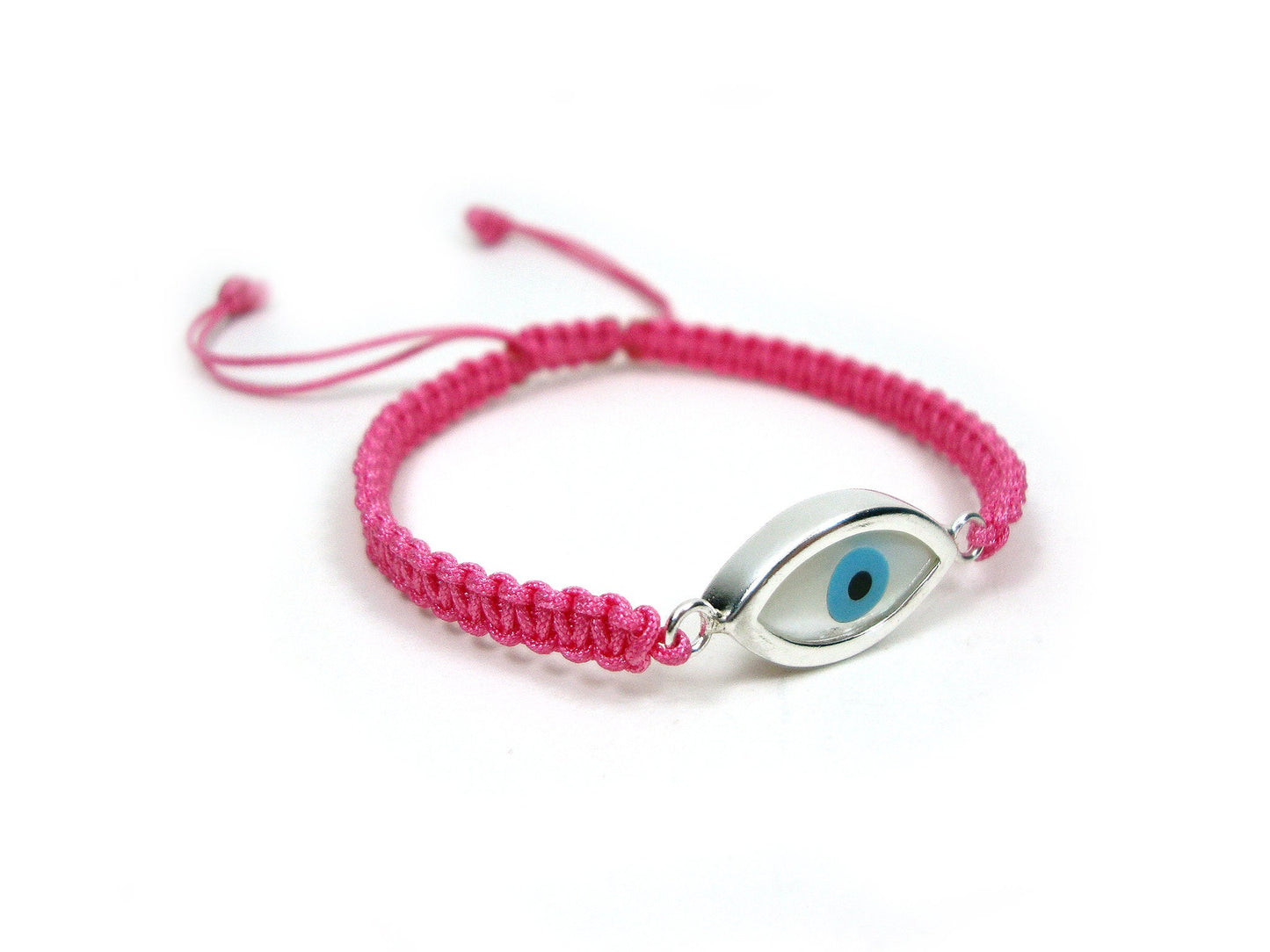 Sterling Silver 925 Greek Evil Eye Shape Good Luck 10mm Handmade Adjustable Macrame Pink Bracelet , Griechisches Armband, Bijoux Grecque