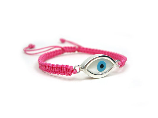 Sterling Silver 925 Greek Evil Eye Shape Good Luck 10mm Handmade Adjustable Macrame Pink Bracelet , Griechisches Armband, Bijoux Grecque