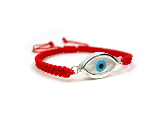 Sterling Silver 925 Greek Evil Eye Shape Good Luck 10mm Handmade Adjustable Macrame Red Bracelet , Griechisches Armband, Bijoux Grecque