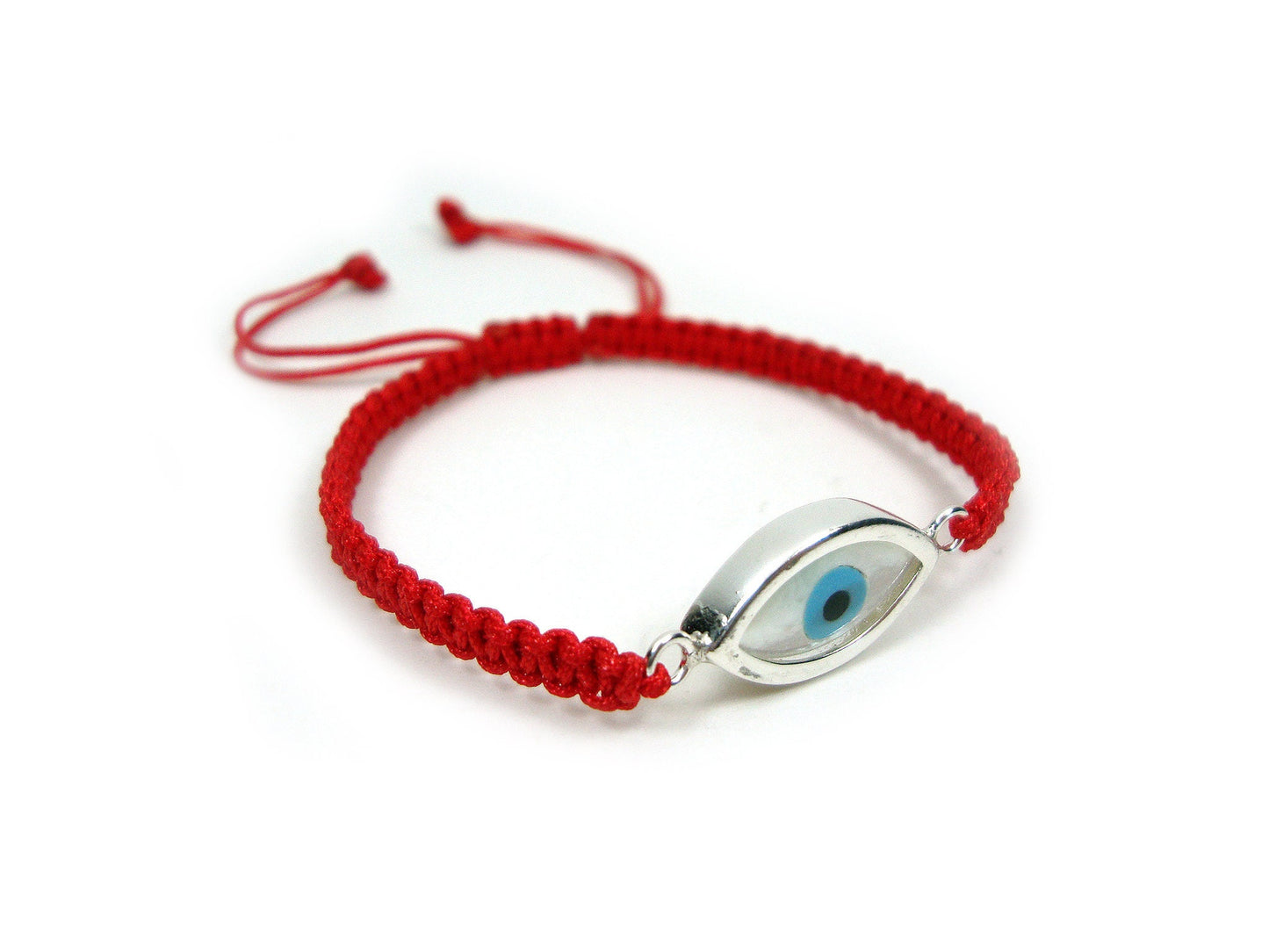 Sterling Silver 925 Greek Evil Eye Shape Good Luck 10mm Handmade Adjustable Macrame Red Bracelet , Griechisches Armband, Bijoux Grecque