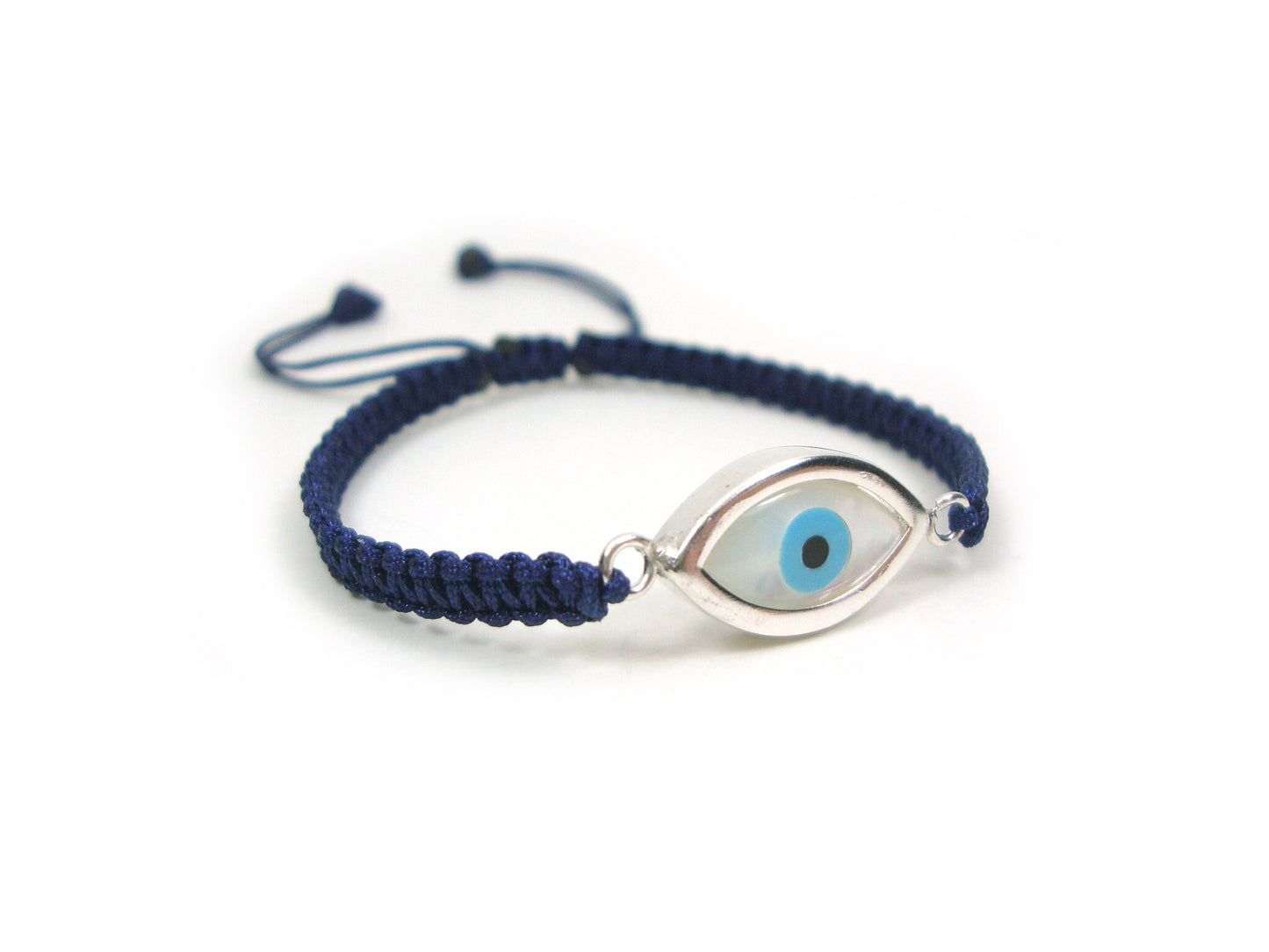 Sterling Silver 925 Greek Evil Eye Shape Good Luck 10mm Handmade Adjustable Macrame Blue Bracelet , Griechisches Armband, Bijoux Grecque