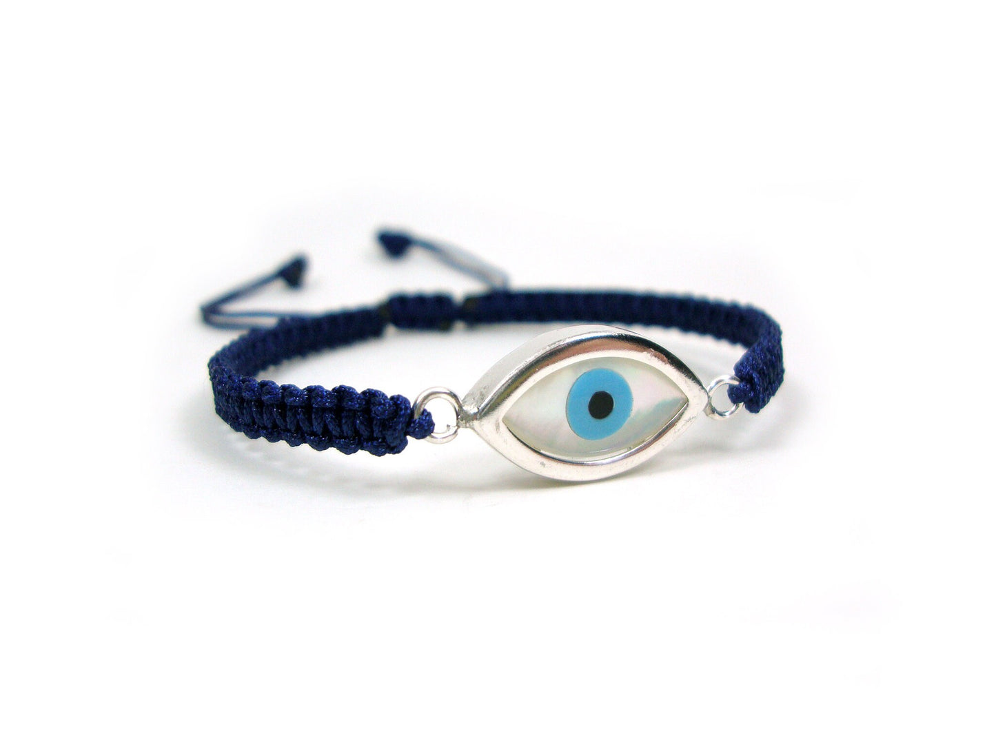 Sterling Silver 925 Greek Evil Eye Shape Good Luck 10mm Handmade Adjustable Macrame Blue Bracelet , Griechisches Armband, Bijoux Grecque