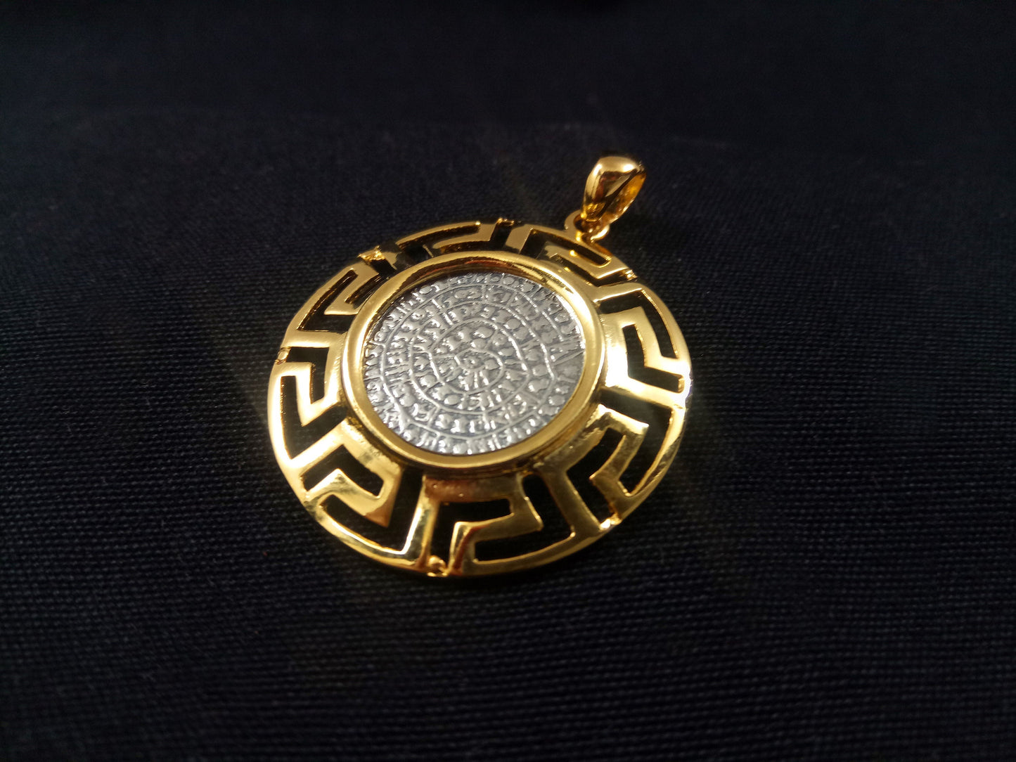 Sterling Silver 925 Meander Greek Key & Phaistos Disc Gold Plated 32mm Pendant, Greek Key Pendant, Griechisches Vergoldete Anhanger Schmuck
