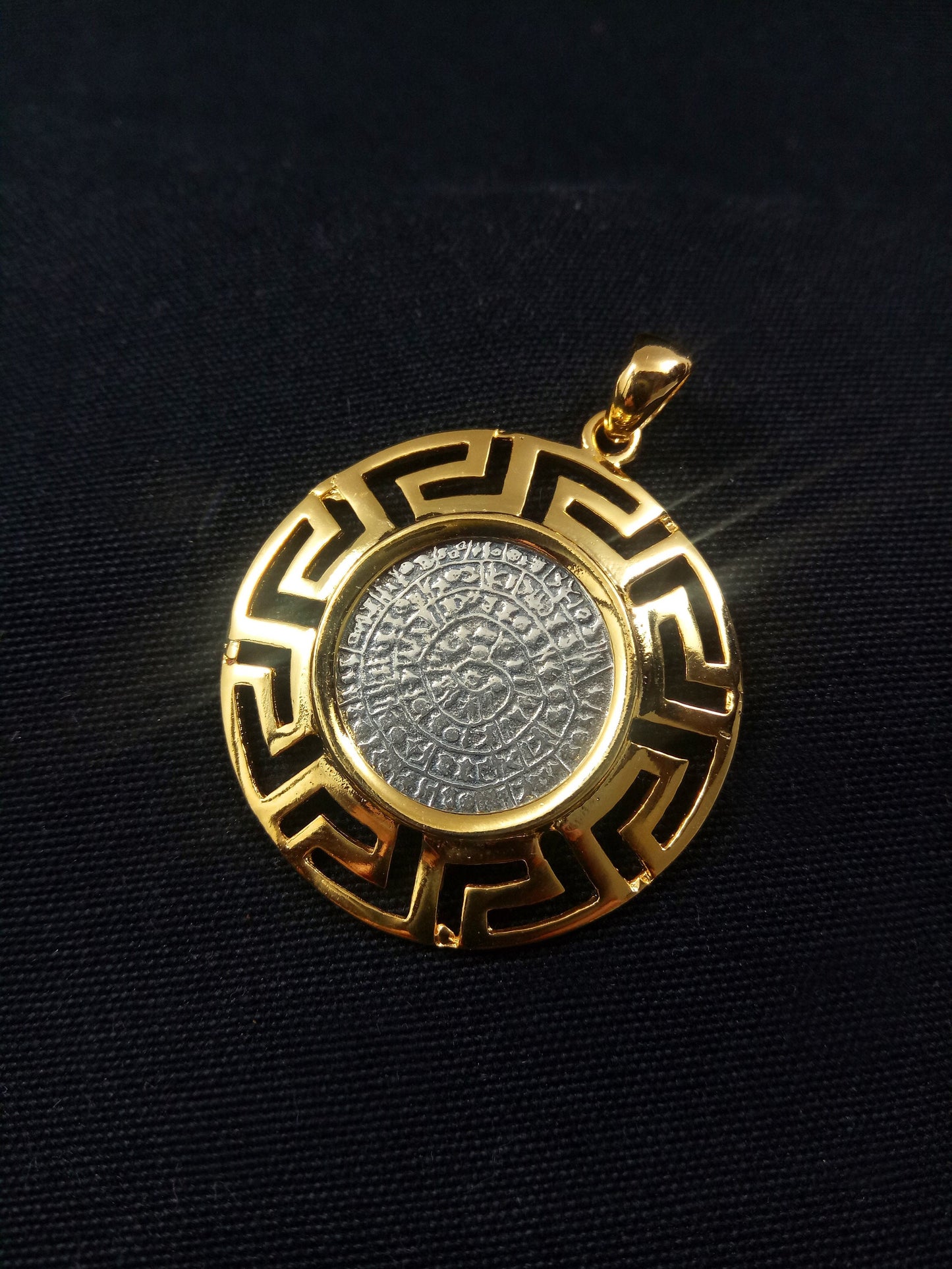 Sterling Silver 925 Meander Greek Key & Phaistos Disc Gold Plated 32mm Pendant, Greek Key Pendant, Griechisches Vergoldete Anhanger Schmuck