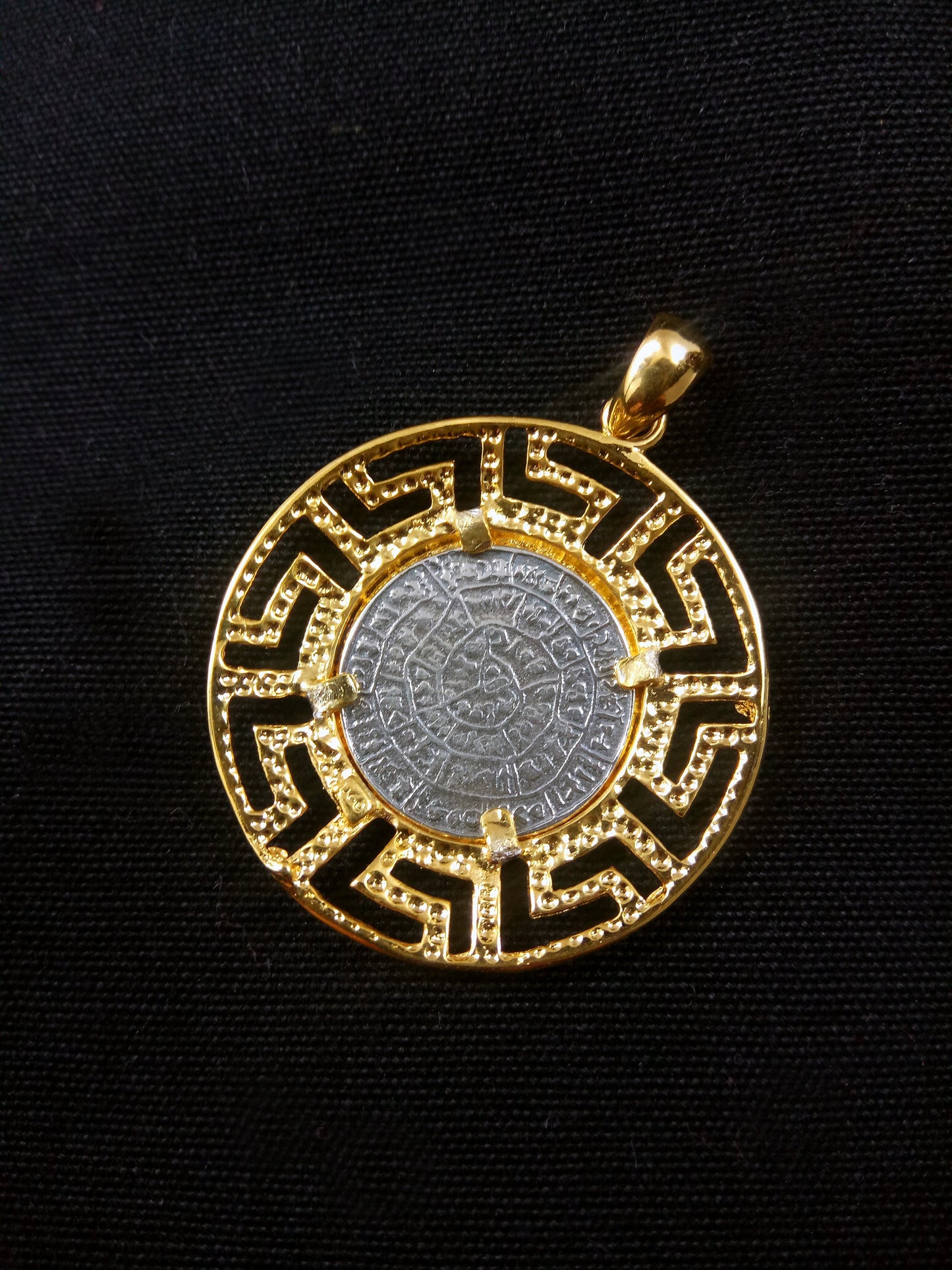 Sterling Silver 925 Meander Greek Key & Phaistos Disc Gold Plated 32mm Pendant, Greek Key Pendant, Griechisches Vergoldete Anhanger Schmuck
