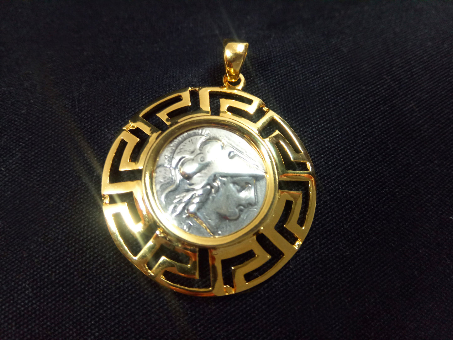 Sterling Silver 925 Meander Greek Key & Goddess Athena Gold Plated 32mm Pendant, Greek Pendant, Griechische Vergoldete Anhanger Schmuck