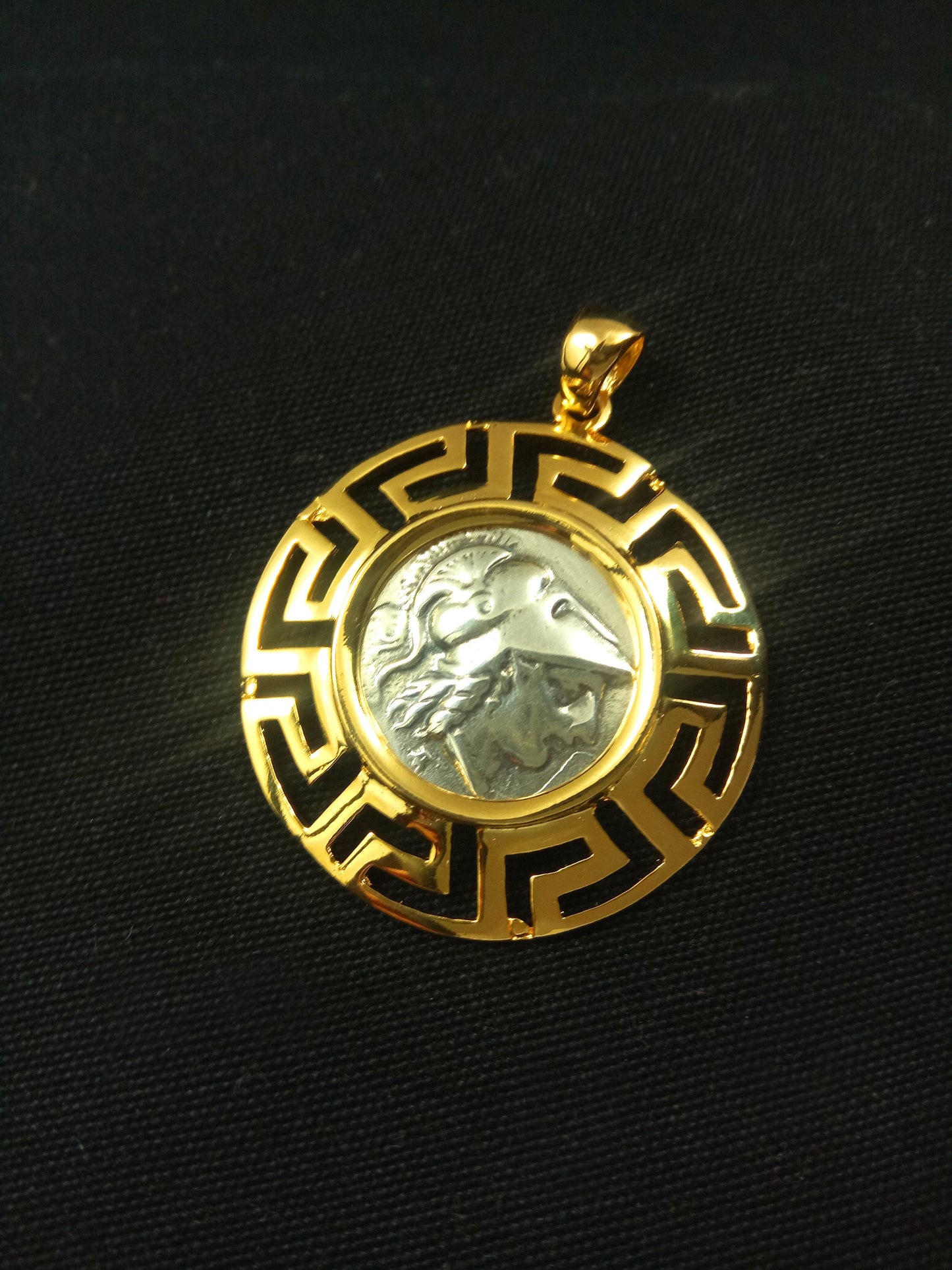 Sterling Silver 925 Meander Greek Key & Goddess Athena Gold Plated 32mm Pendant, Greek Pendant, Griechische Vergoldete Anhanger Schmuck
