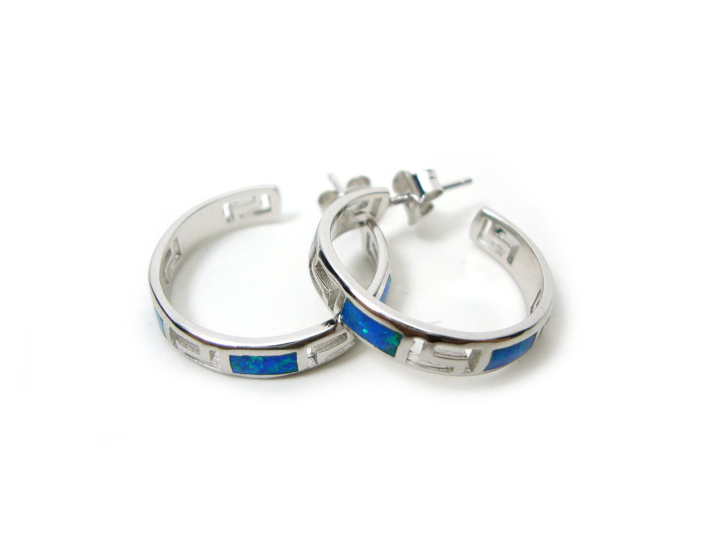 Sterling Silver 925 Greek Key Hoop Earrings 21mm, Fire Rainbow Blue Opal Hoops Earrings, Meander Design Opal Earrings, Greek Opal jewelry