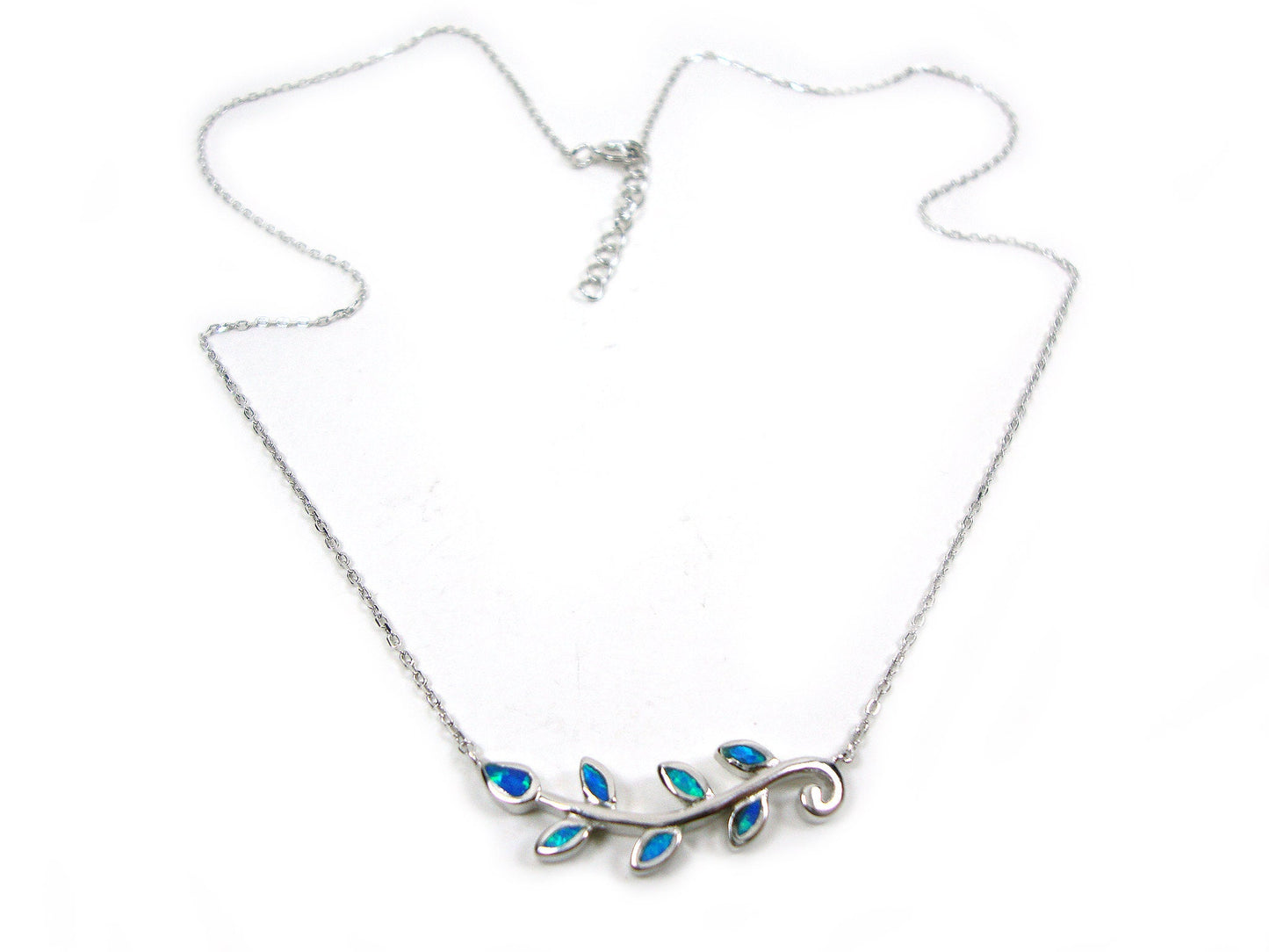 Sterling Silver 925 Blue Opal Greek Olive Leaves Pendant & Chain Necklace, Ancient Greek Leaf leaves Opal Pendant, Olive Leaves Necklace