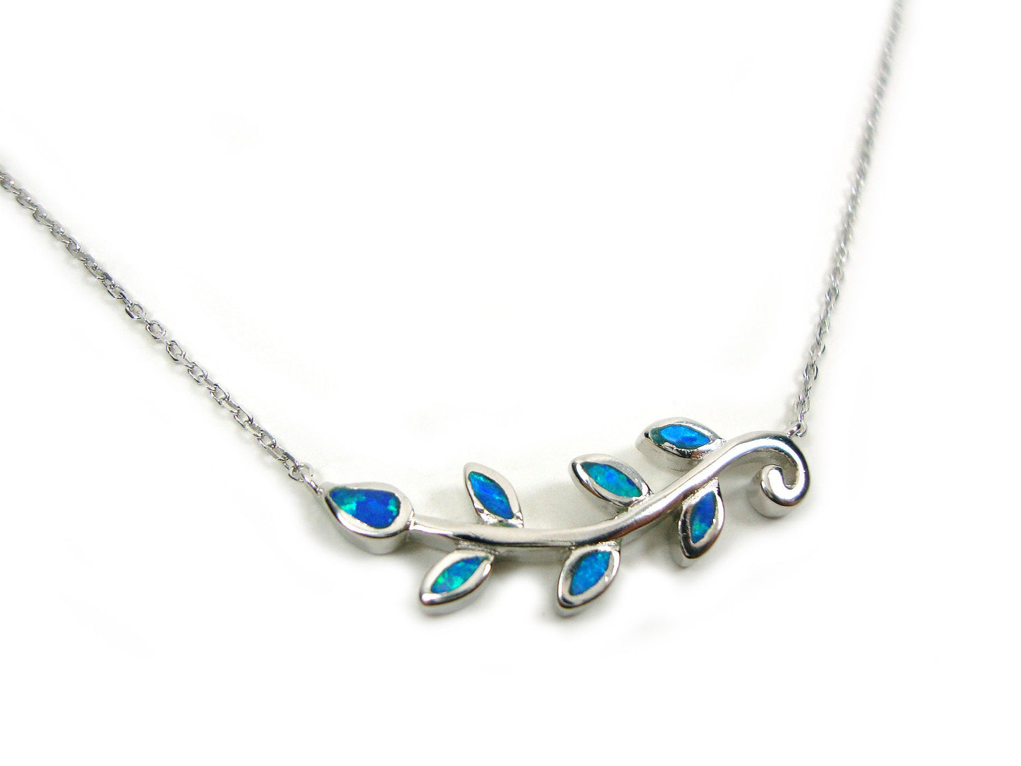 Sterling Silver 925 Blue Opal Greek Olive Leaves Pendant & Chain Necklace, Ancient Greek Leaf leaves Opal Pendant, Olive Leaves Necklace