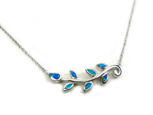 Sterling Silver 925 Blue Opal Greek Olive Leaves Pendant & Chain Necklace, Ancient Greek Leaf leaves Opal Pendant, Olive Leaves Necklace