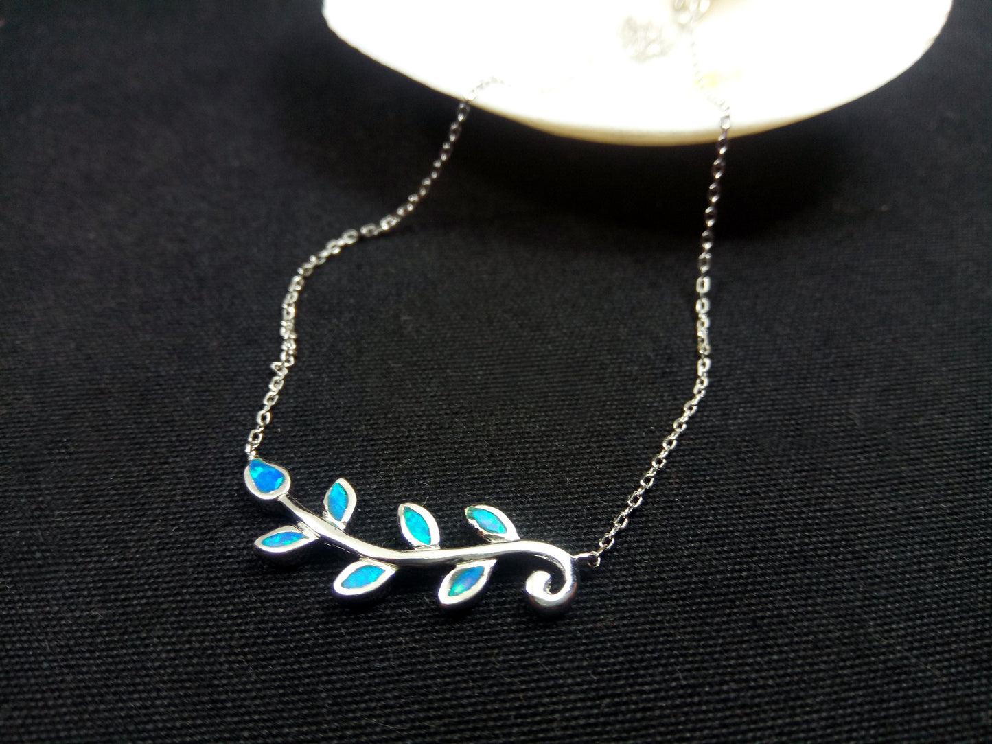 Sterling Silver 925 Opal Olive Leaves Necklace 40cm - 15.6", Silver Blue Opal Leaves Greek Necklace, Griechisches Silber Blau Opal Kette