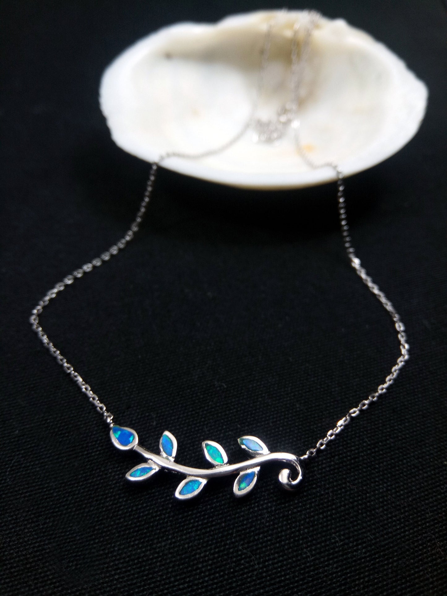 Sterling Silver 925 Opal Olive Leaves Necklace 40cm - 15.6", Silver Blue Opal Leaves Greek Necklace, Griechisches Silber Blau Opal Kette
