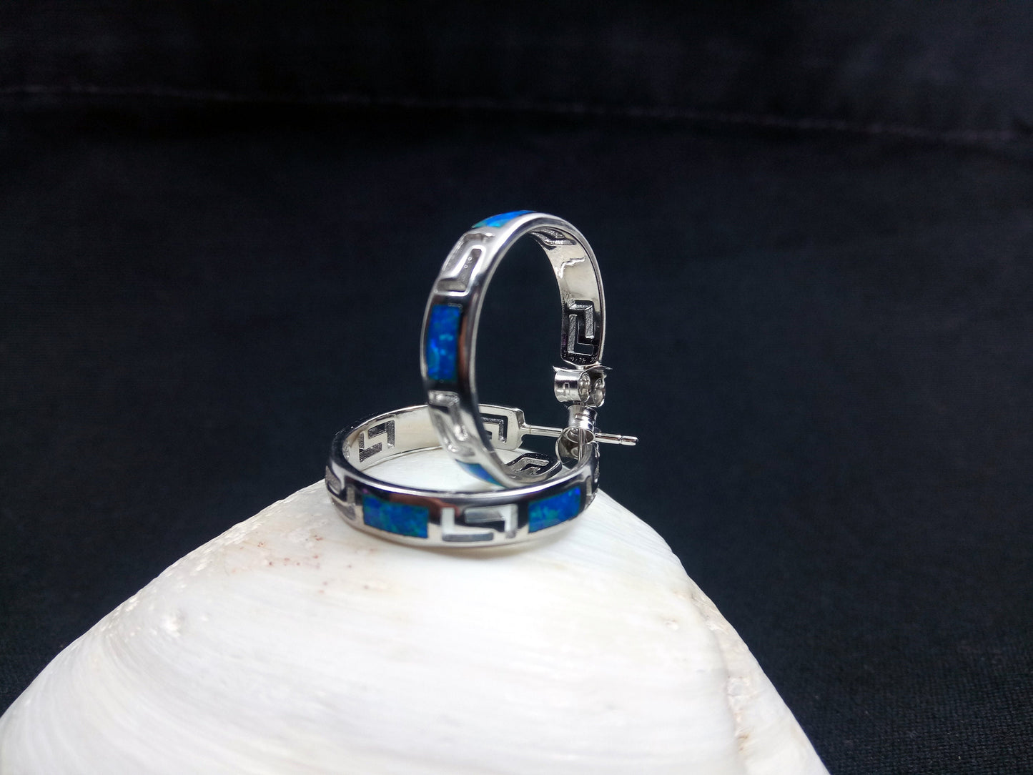 Sterling Silver 925 Opal Hoop Meander Greek Earrings, Greek Key Hoops Earrings, Griechisches Ohrringe Opal, Bijoux Grecque, Greek Earrings