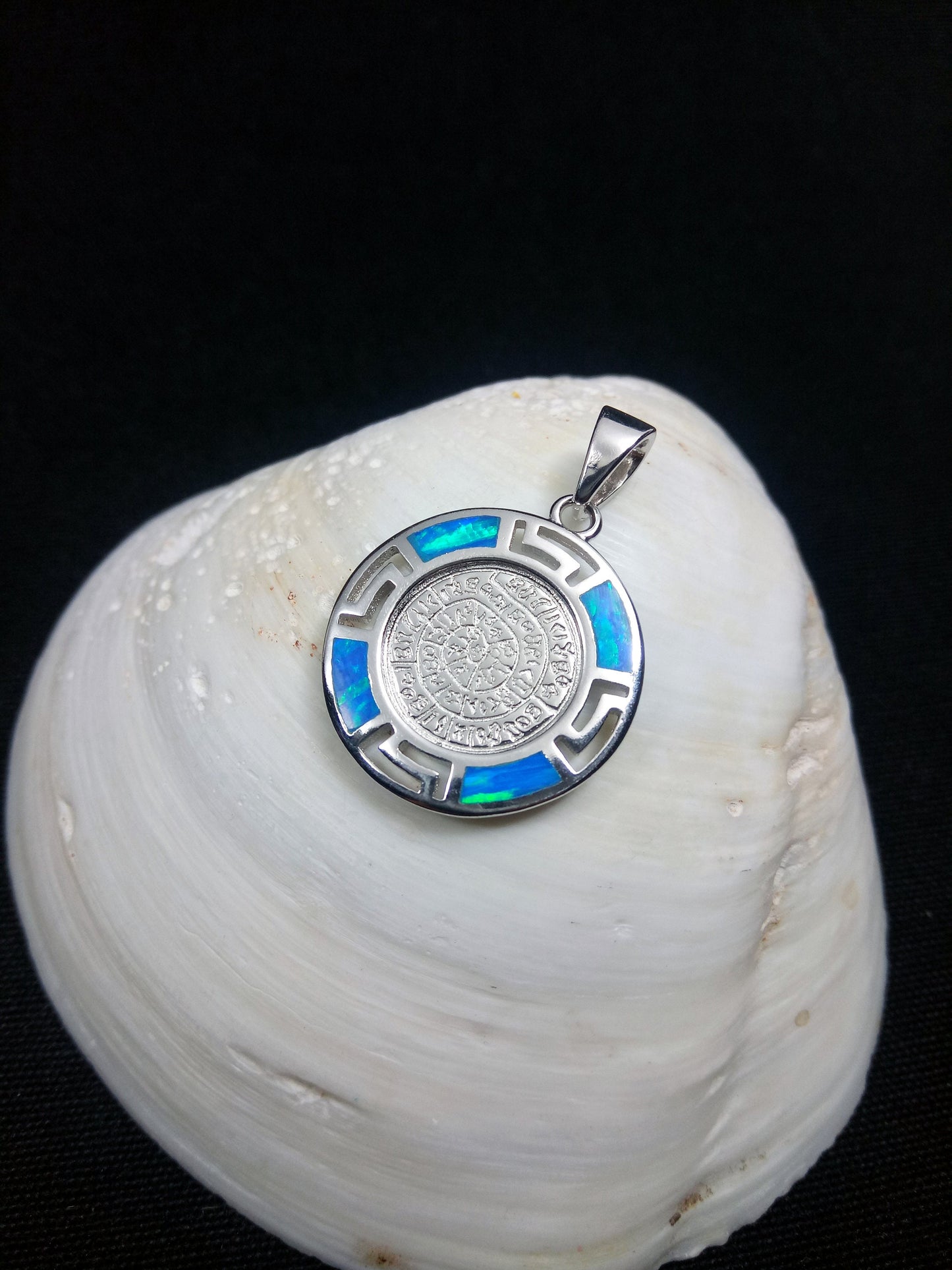 Sterling Silver 925 Phaistos Disc Blue Opal Greek Pendant, Silver Greek Opal Pendant, Greek Jewelry, Griechisches Opal Anhanger, Minoan Grec