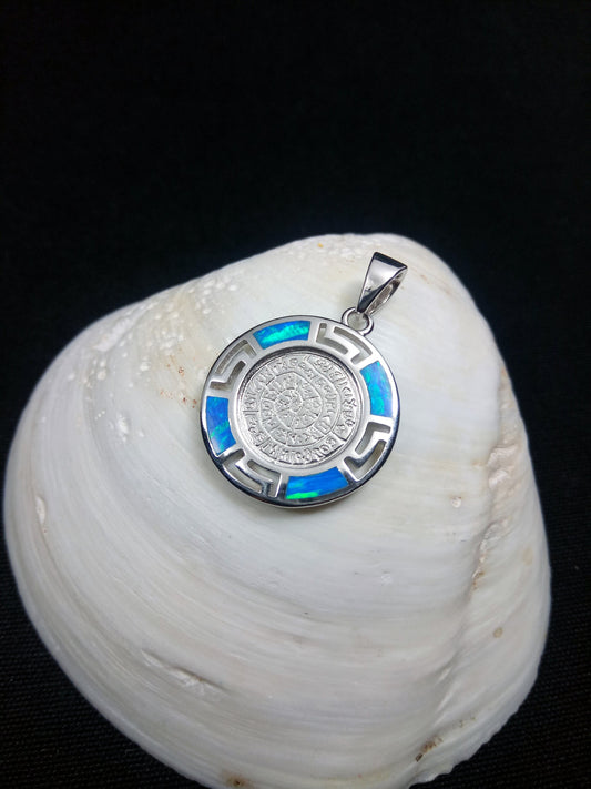 Sterling Silver 925 Phaistos Disc Blue Opal Greek Pendant, Silver Greek Opal Pendant, Greek Jewelry, Griechisches Opal Anhanger, Minoan Grec