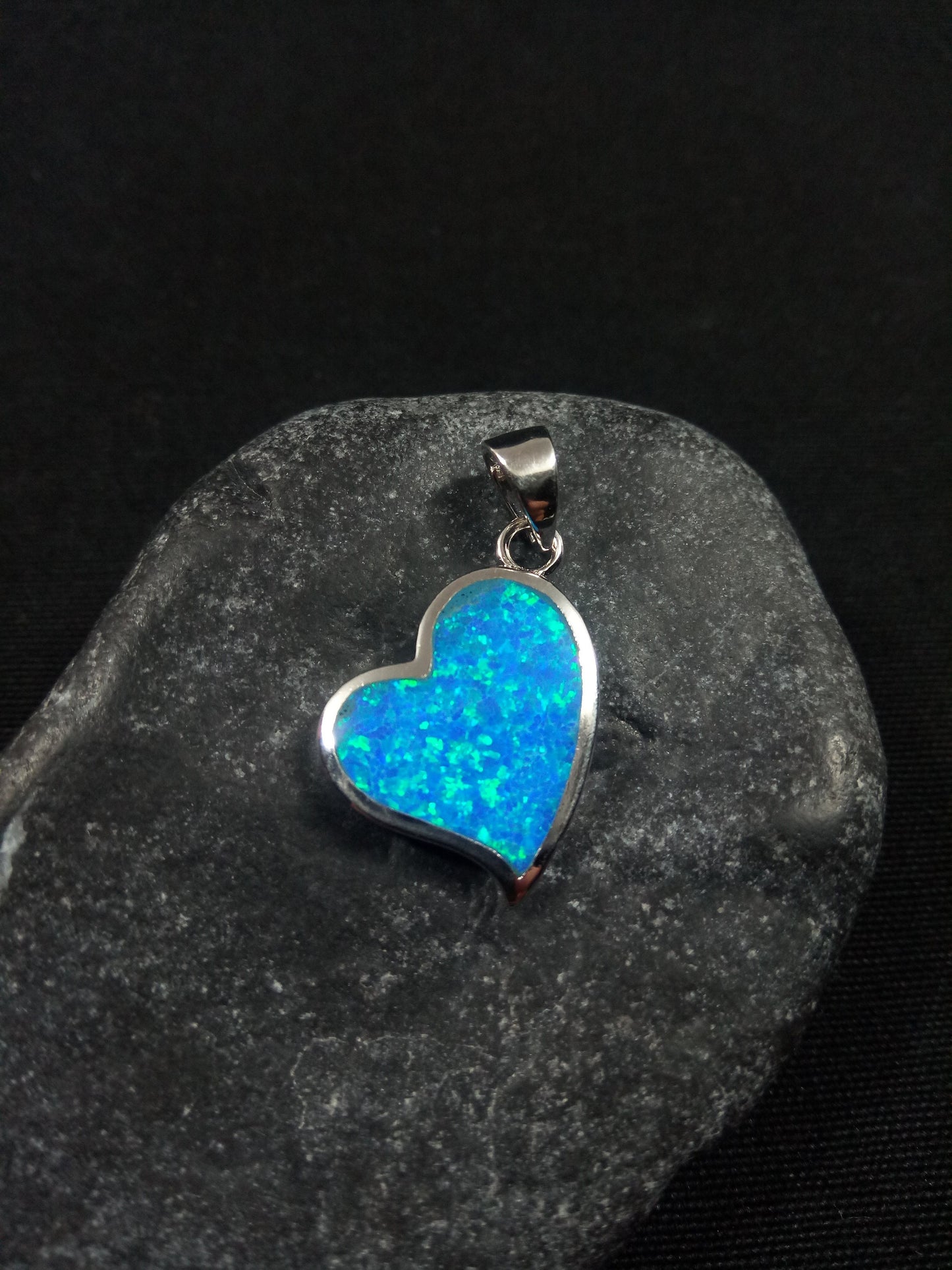 Sterling Silver 925 Heart Fire Rainbow Blue Opal 19x15mm, Greek Heart Blue Opal Pendant, Griechisches Silber Herz Anhanger Seestern Schmuck