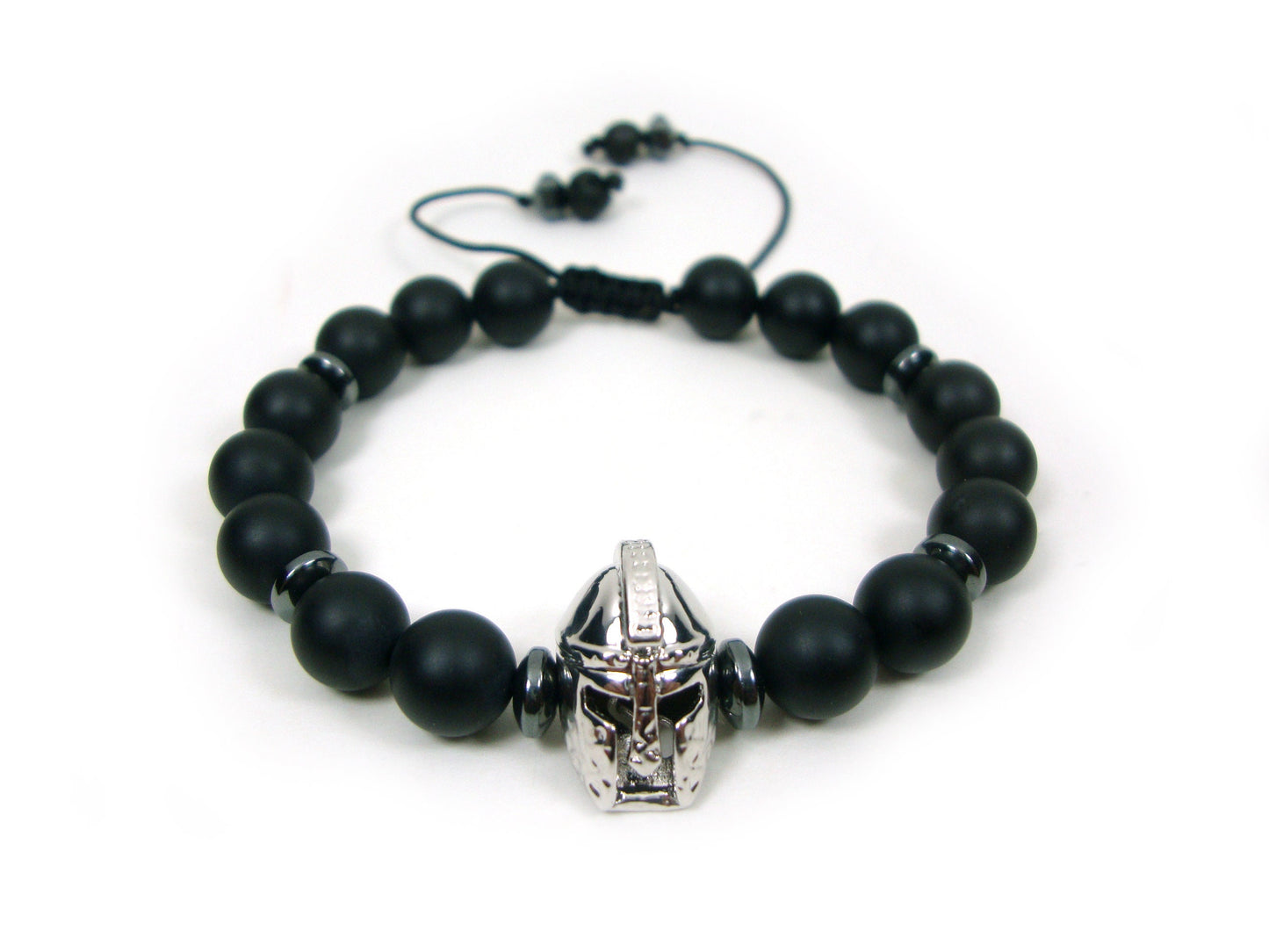 Greek Onyx Spartan Warrior Helmet Adjustable Bracelet, Matt Onyx Black Round Stones 8 mm Bracelet, Gladiator Helmet Adjustable Bracelet
