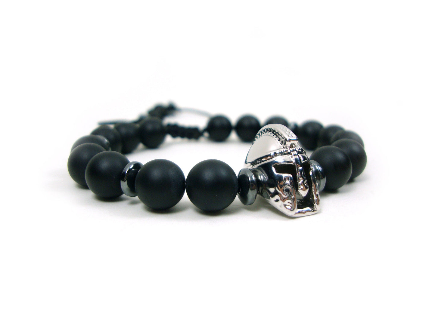 Greek Onyx Spartan Warrior Helmet Adjustable Bracelet, Matt Onyx Black Round Stones 8 mm Bracelet, Gladiator Helmet Adjustable Bracelet
