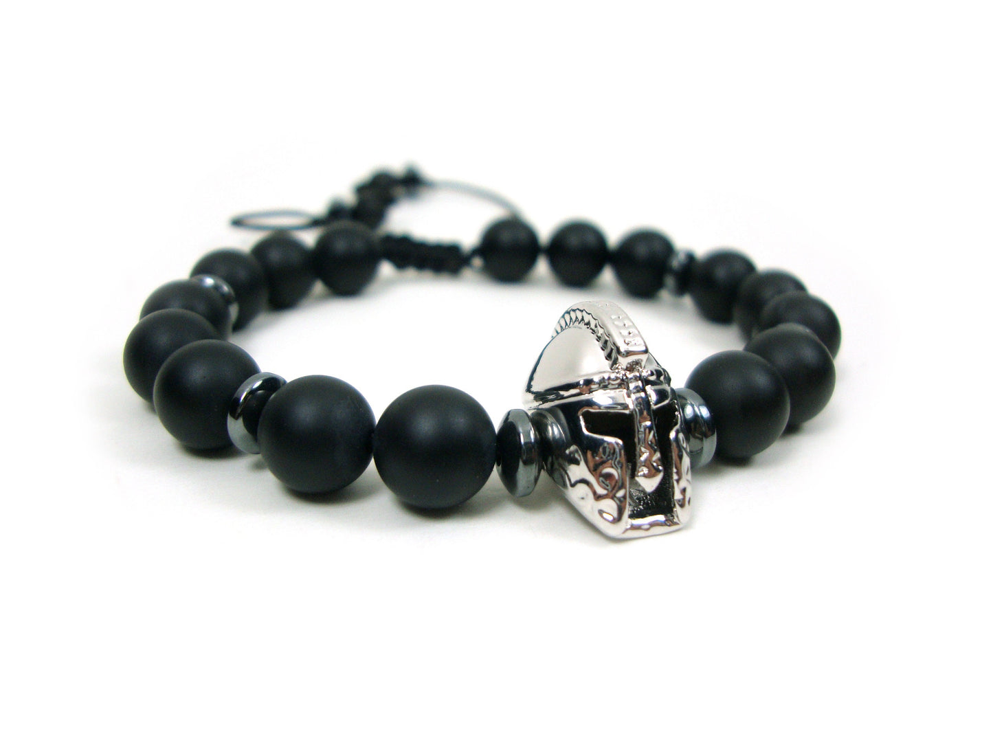 Greek Onyx Spartan Warrior Helmet Adjustable Bracelet, Matt Onyx Black Round Stones 8 mm Bracelet, Gladiator Helmet Adjustable Bracelet